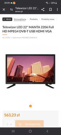 Tv led Manta 22' Fullhd Hdmi, USB, 12V, pilot, do kampera, samochodu.