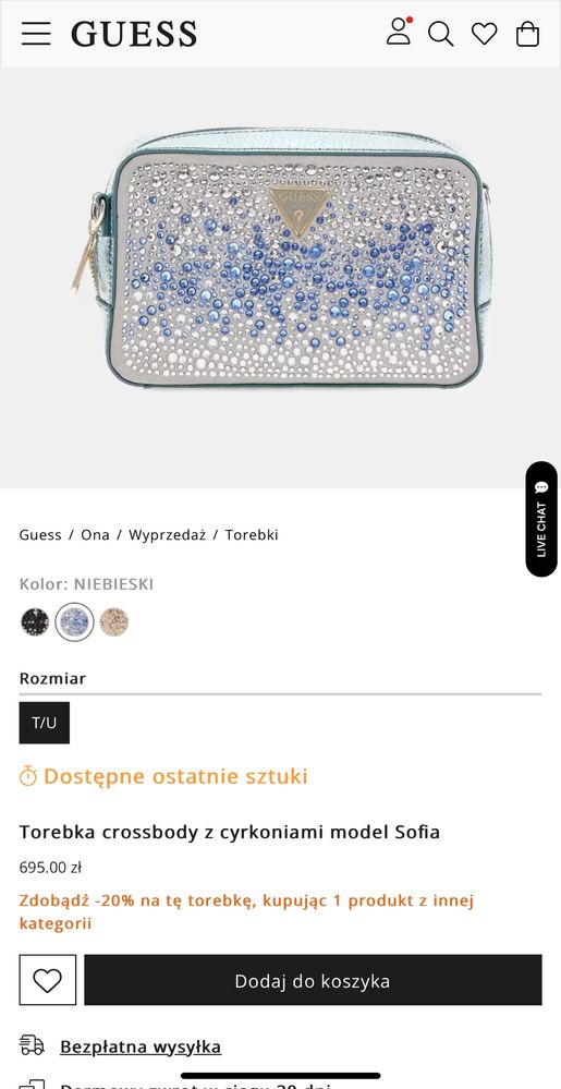Torebka Guess crossbody z cyrkoniami model Sofia