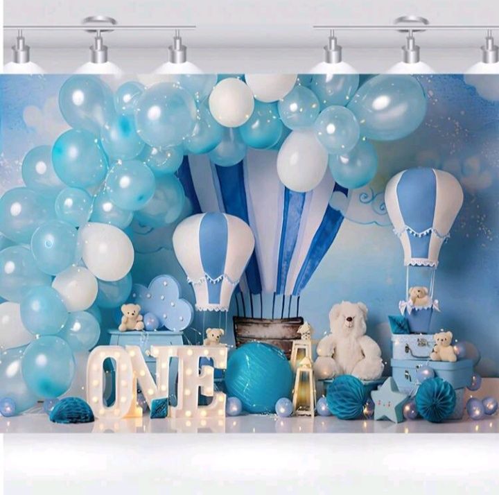 Tło fotograficzne urodziny roczek chłopiec miś balony 150x100