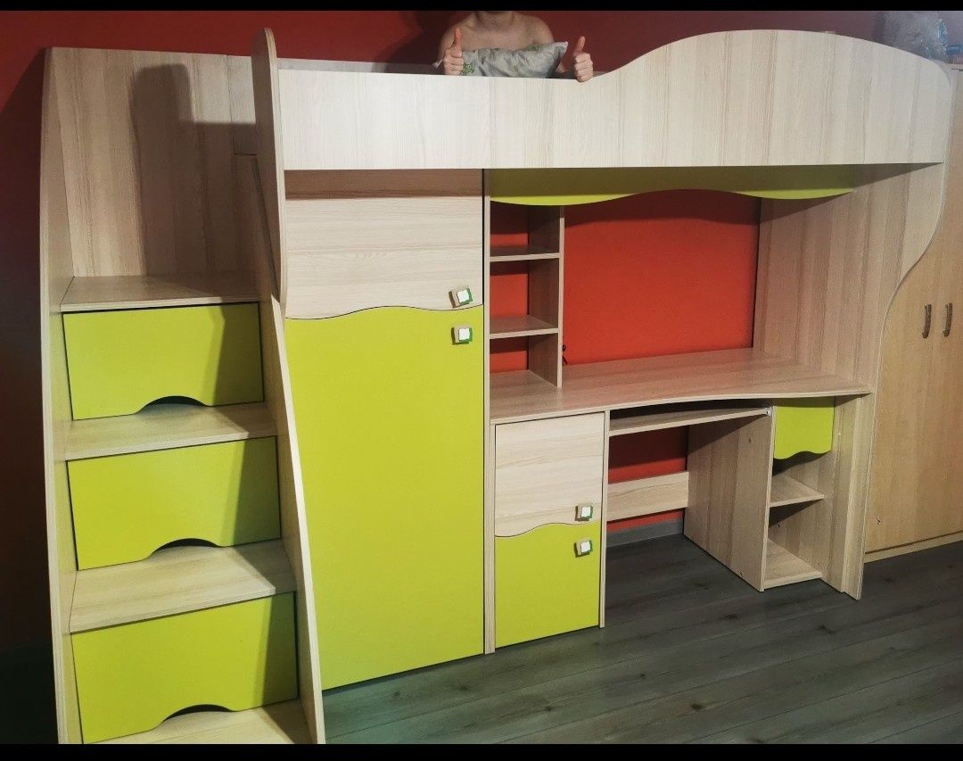 Łóżko pietrowe z biurkiem i szafą system BAJKA
