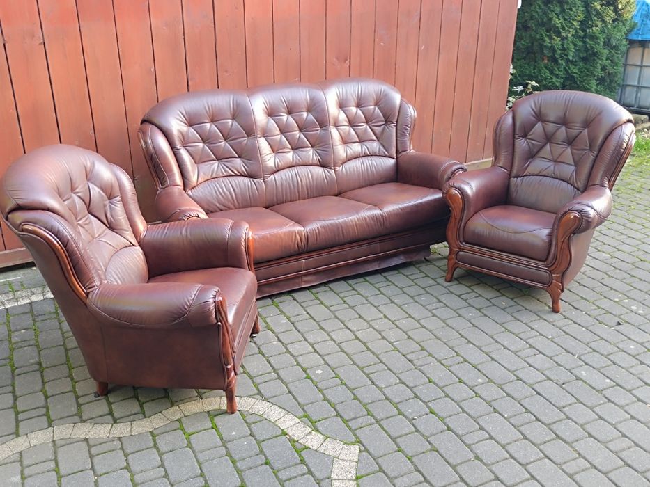 Komplet skórzany 3+1+1, sofa i fotele, styl Ludwikowski, skóra natural