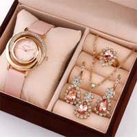WYPRZEDAŻ Różowy zegarek zestaw biżuterii damskiej