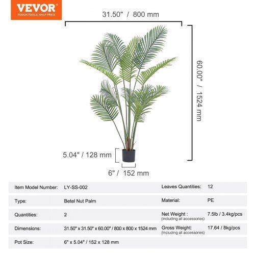 Areca Catechu Artificial 800x800x1524mm Planta Artificial PE Plantas