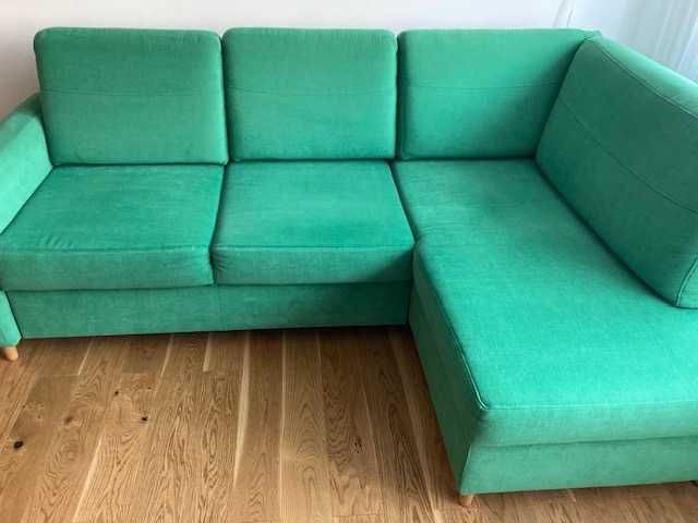 Designerska sofa narożna z funkcją spania butelkowa zieleń