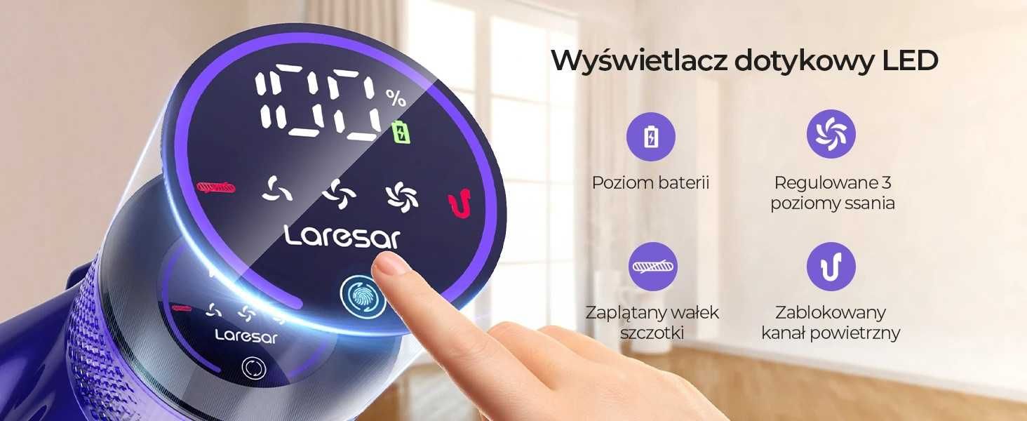Odkurzacz Bezprzewodowy Laresar V7 500W Moc 50KPA, Wymienny Akumulator