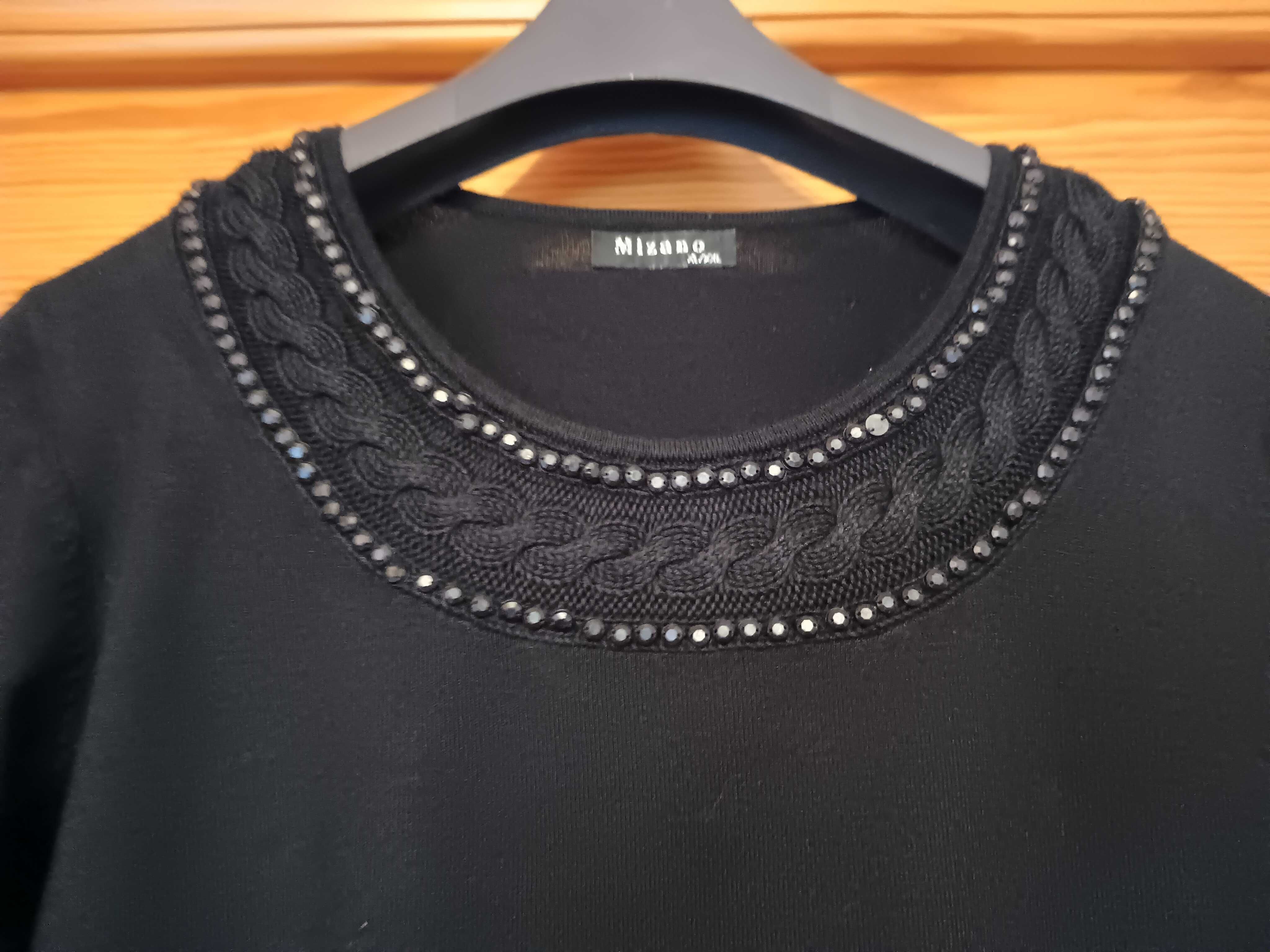 Sweter damski czarny z ozdobnym dekoltem Mizano bawełna/lycra/wełna