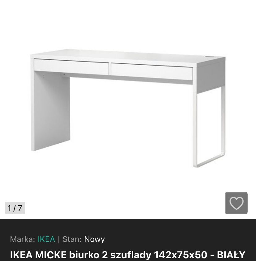 IKEA MICKE biurko 2 szuflady 142x75x50 - BIAŁY