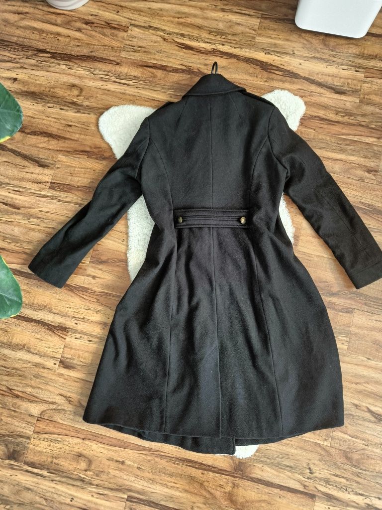 Wełniany czarny płaszcz z kaszmirem rozmiar l