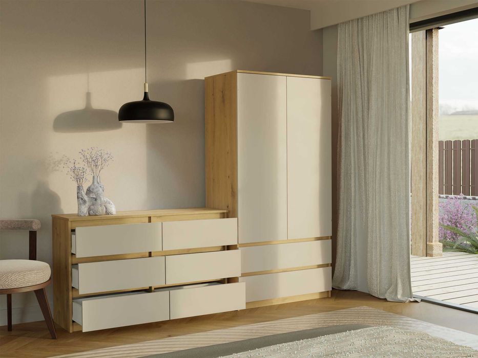 Duża Komoda M6 120 MALWA 120 cm 6 szuflad Kolor: DĄB ARTISAN / KASZMIR