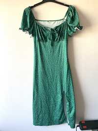 Zielona sukienka midi bufki groszki kropki rozciecie rozporek