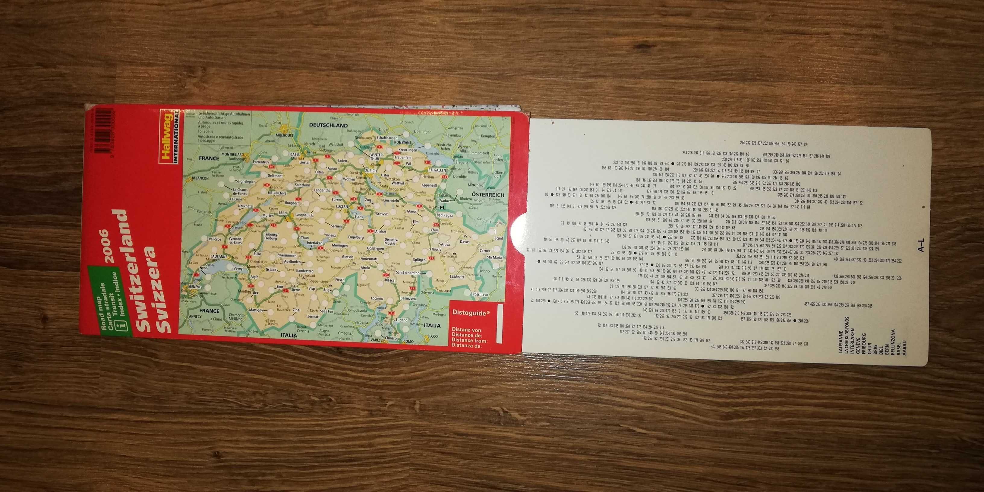 mapa samochodowa papierowa z tabelą odległości Włochy lub Szwajcaria