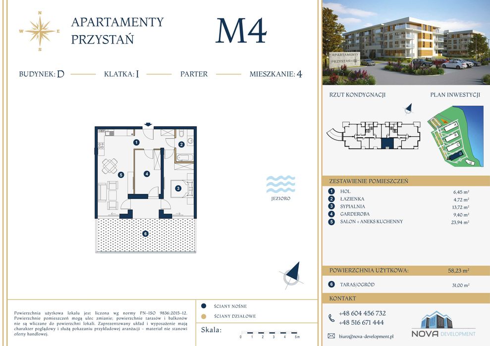 Nowe 3-pok. mieszkanie, 58 m2, nad jeziorem w Olecku, ogródek - 30m2