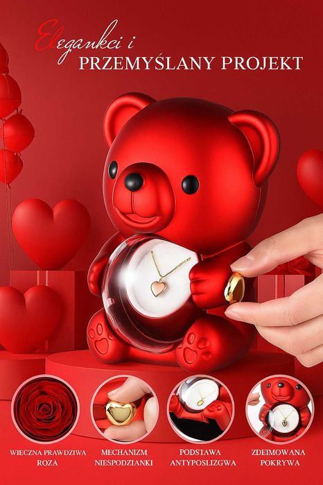 Miś z wieczną różą walentynki zaręczyny prezent pudełko na biżuterię