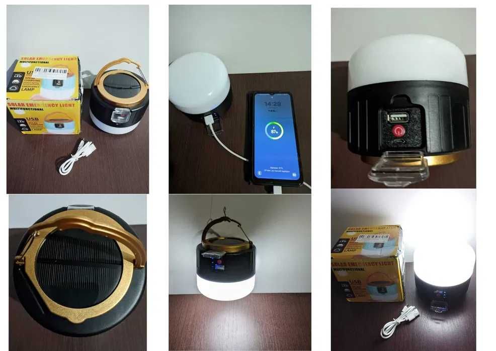 Лампа фонарь перезаряжаемый с солнечной панелью Power Bank