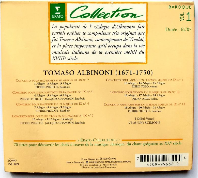 Tomaso Albinoni Concertos Pour Hautbois Concertos Pour Violon 1995r