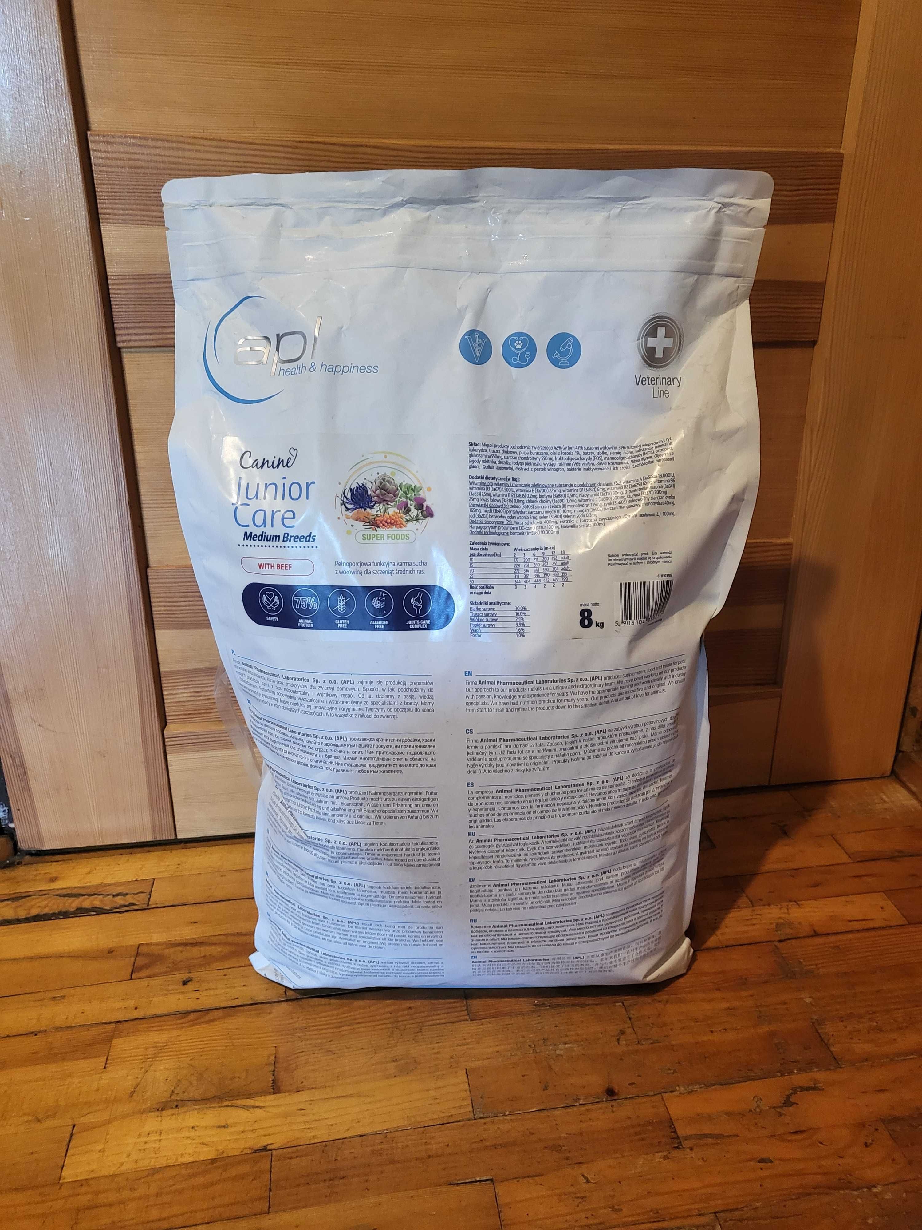 Karma sucha z wołowiną APL Canine Junior Care (średnie rasy) 8kg NOWA