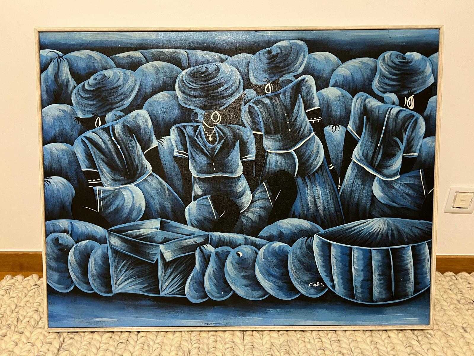 Quadro em tela com figuras étnicas pintadas a óleo