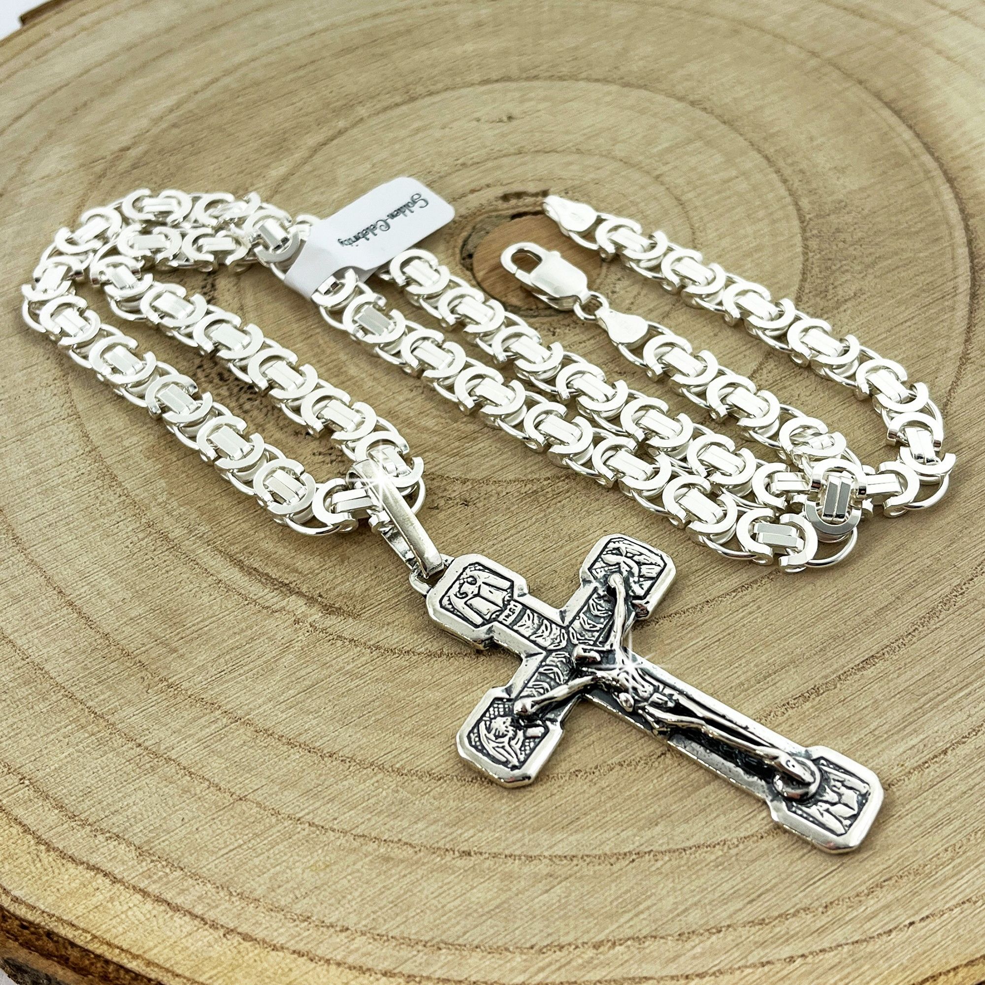 Elegancki Srebrny Łańcuszek Męski Splot Królewski+duży Krzyż Z Jezusem