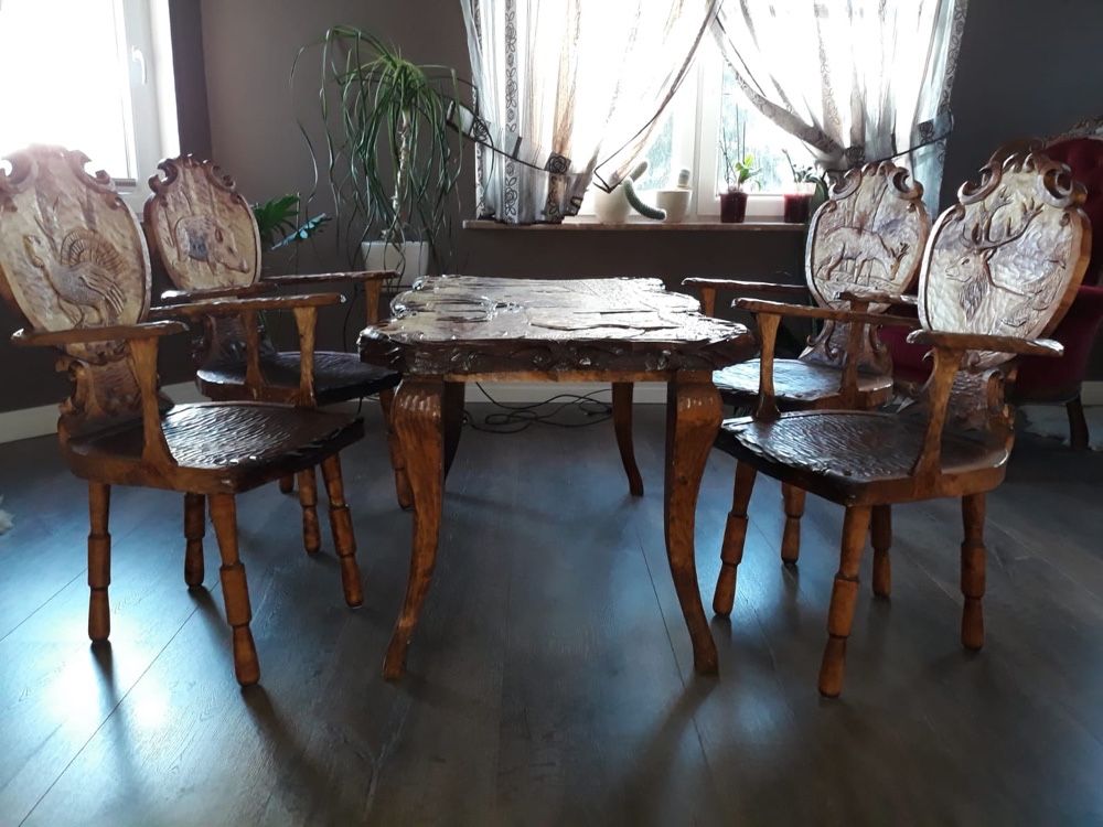 Stół +krzesła zestaw drewniany rzeźbiony Stylowy myśliwski
