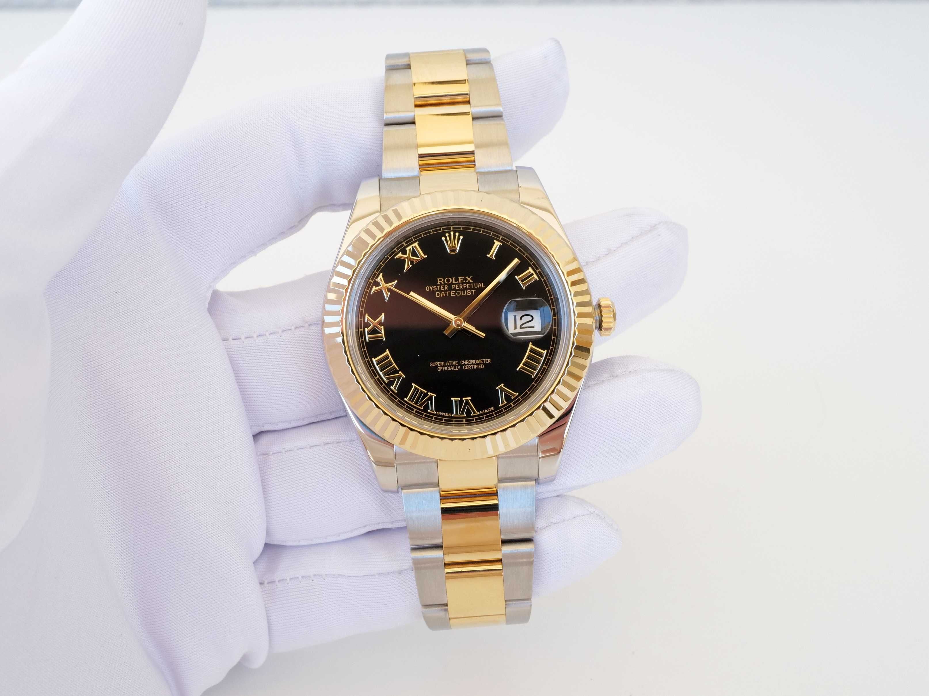 Rolex Datejust II Oyster 18K Yellow Gold Steel Black Roman Dial