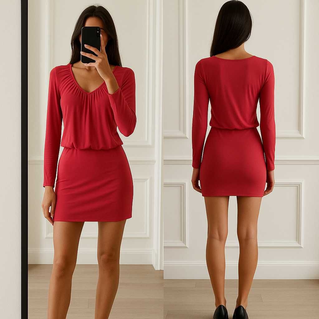 Elegancka czerwona mini sukienka z długim rękawem i dekoltem w serek