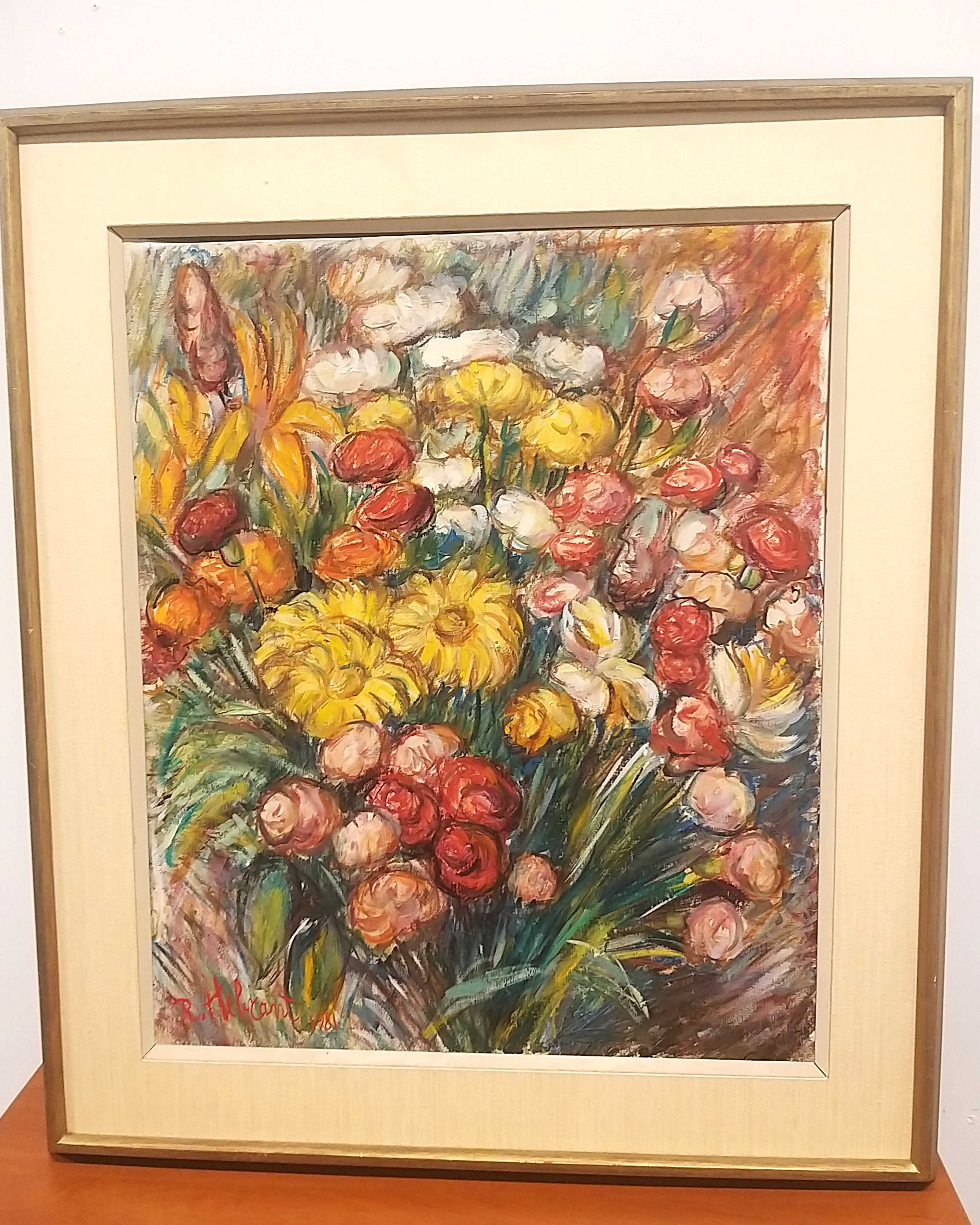 Olej na płótnie "Bukiet kwiatów" R. Hebrant 1981r Belgia  65/54cm