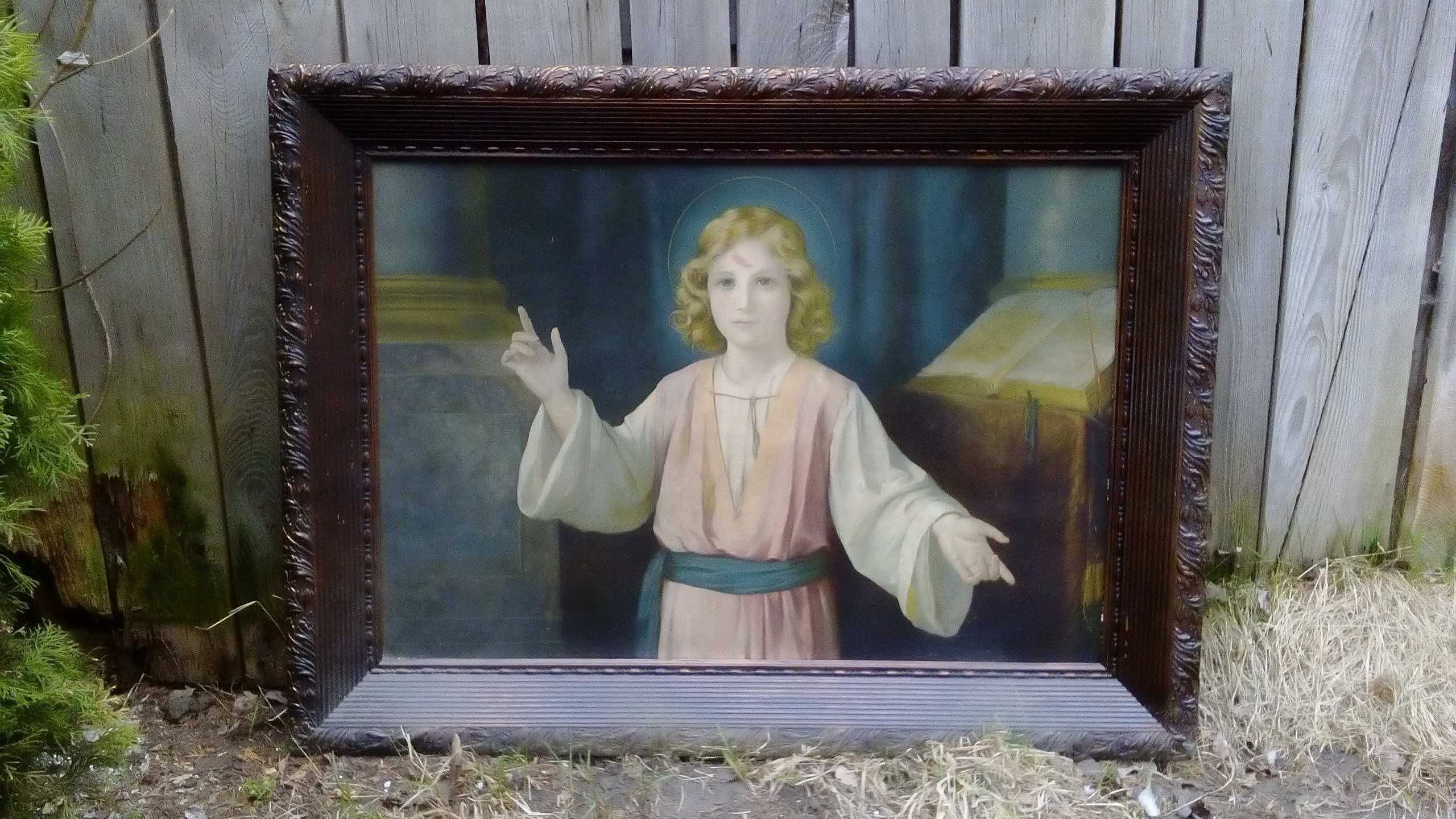 Obraz nauczający młody Jezus Chrystus antyk XIX w piękna rama ART DECO