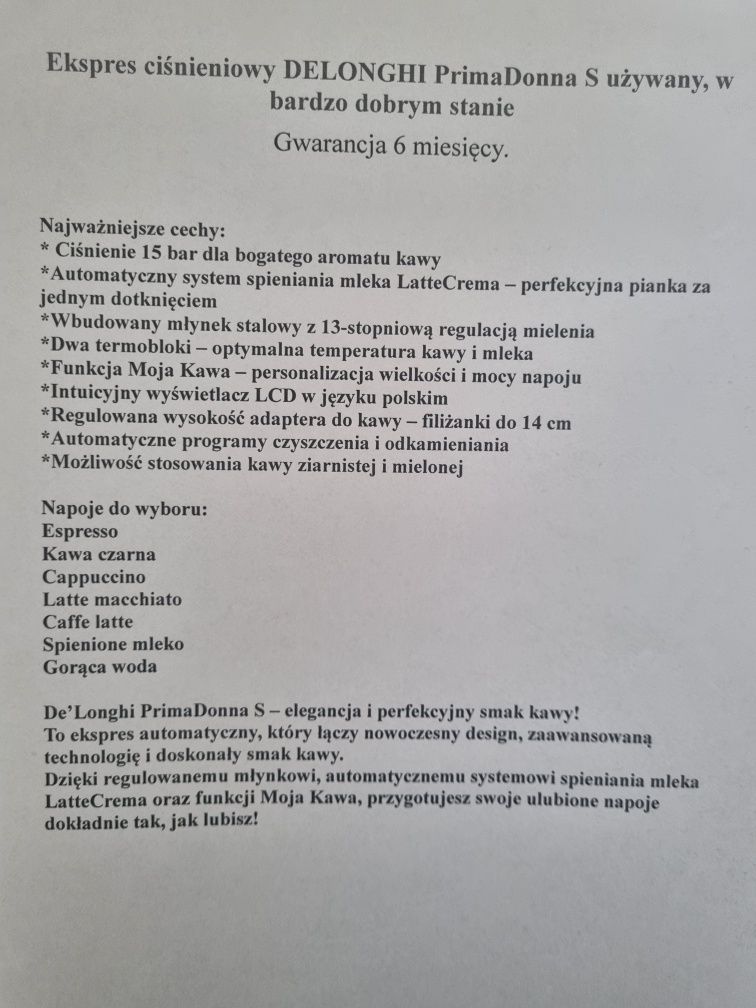 Ciśnieniowy ekspres do kawy Delonghi Primadonna S ze spieniaczem