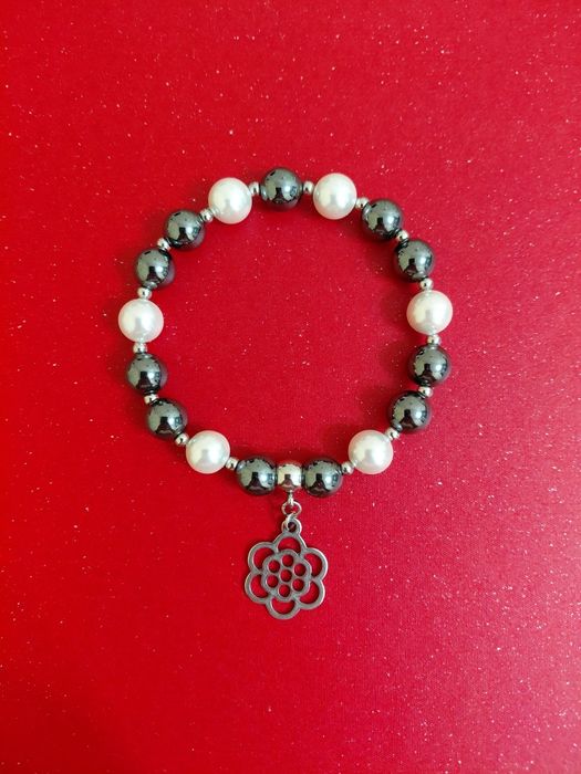 Bransoletka Hematyt Perła majorka Stal 18cm