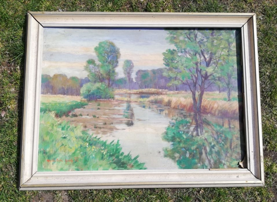 Obraz olej na płótnie pejzaż rzeka rok1973, drewniana rama 59x79 cm