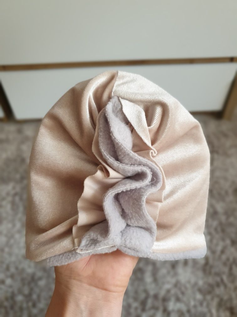 Czapka zimowa, turban beżowa 6-9 miesięcy