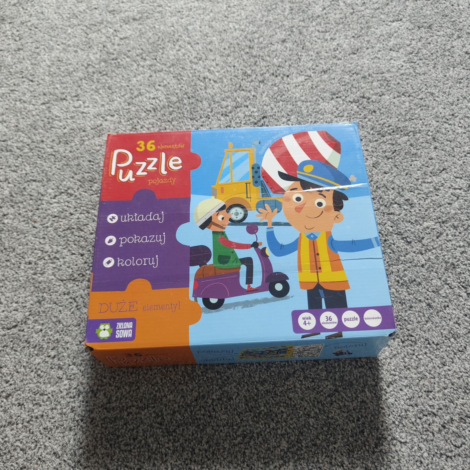 Puzzle samochodu pojazdy 36 pojazdów betoniarka koparka zielona sowa