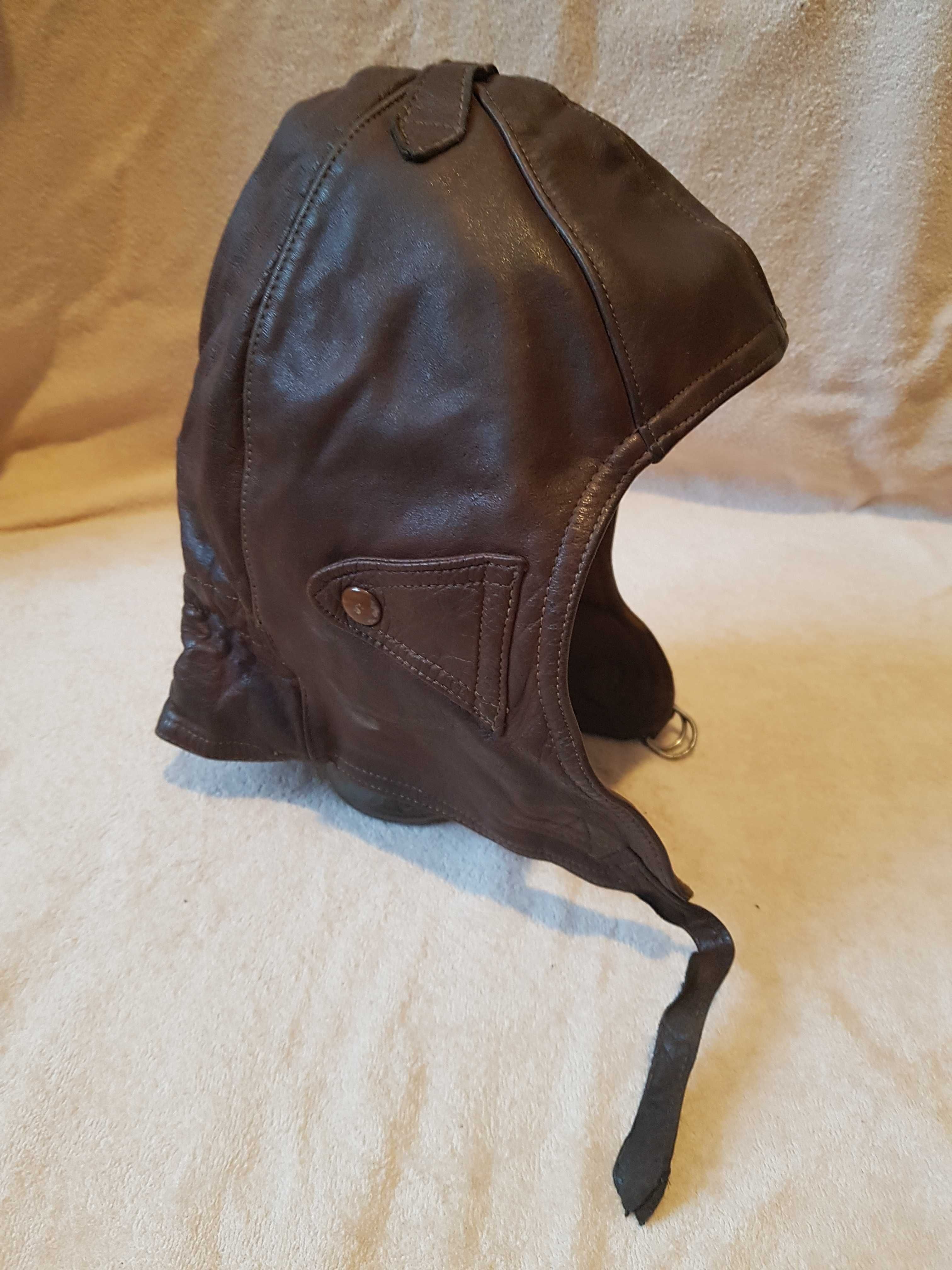 Czapka pilotka, skórzana, brązowa