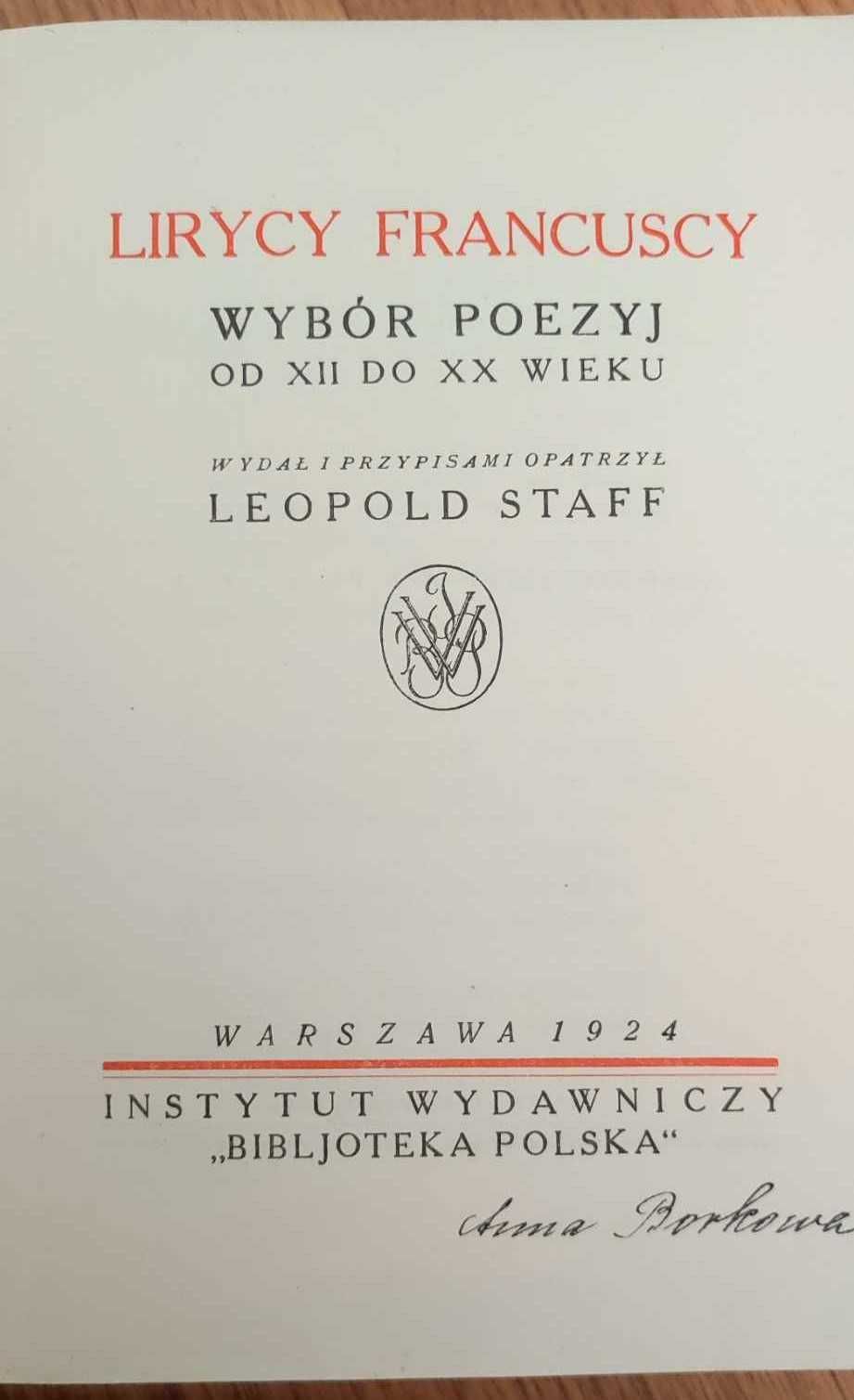 Lirycy francuscy Leopold Staff 1924