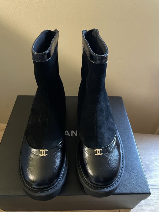 Botki Chanel Krótkie Zamszowe Lakierowane
