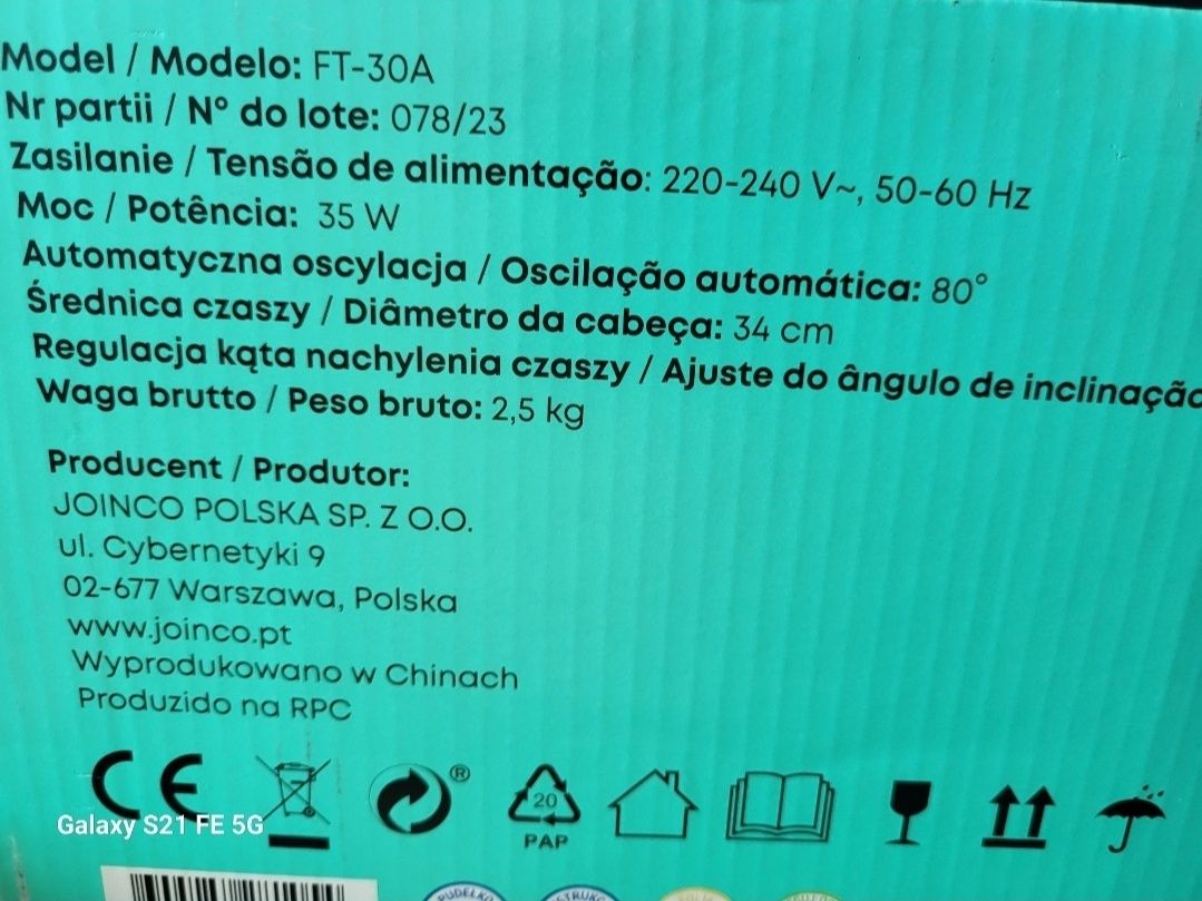 Nowy Wentylator biurkowy 35W Wiatrak Średnica czaszy 34cm