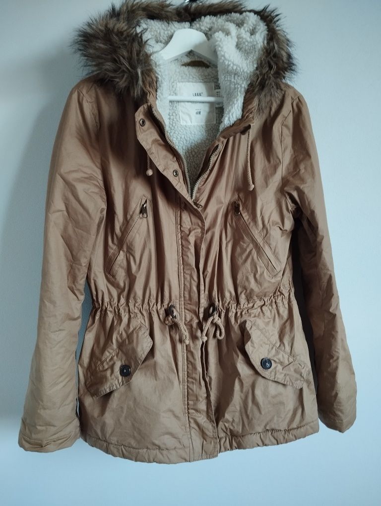 Zimowa damska kurtka, camel, parka na baranku r. 40/42 h&m