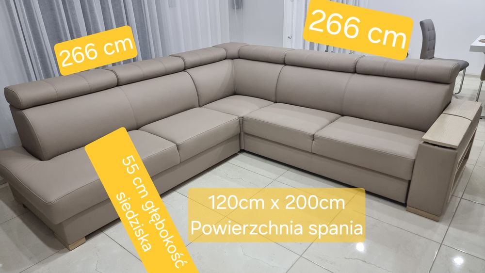 Narożnik z funkcją spania 266 x 266 eko skóra beż  wygodny zadbany