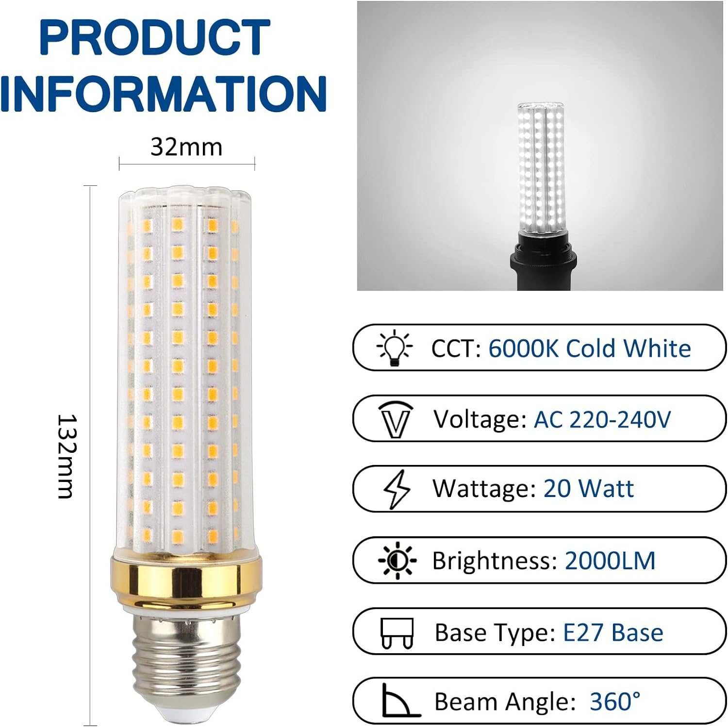 Светодиодные LED лампы E27, 20 Вт, 6000 К, 2000 лм