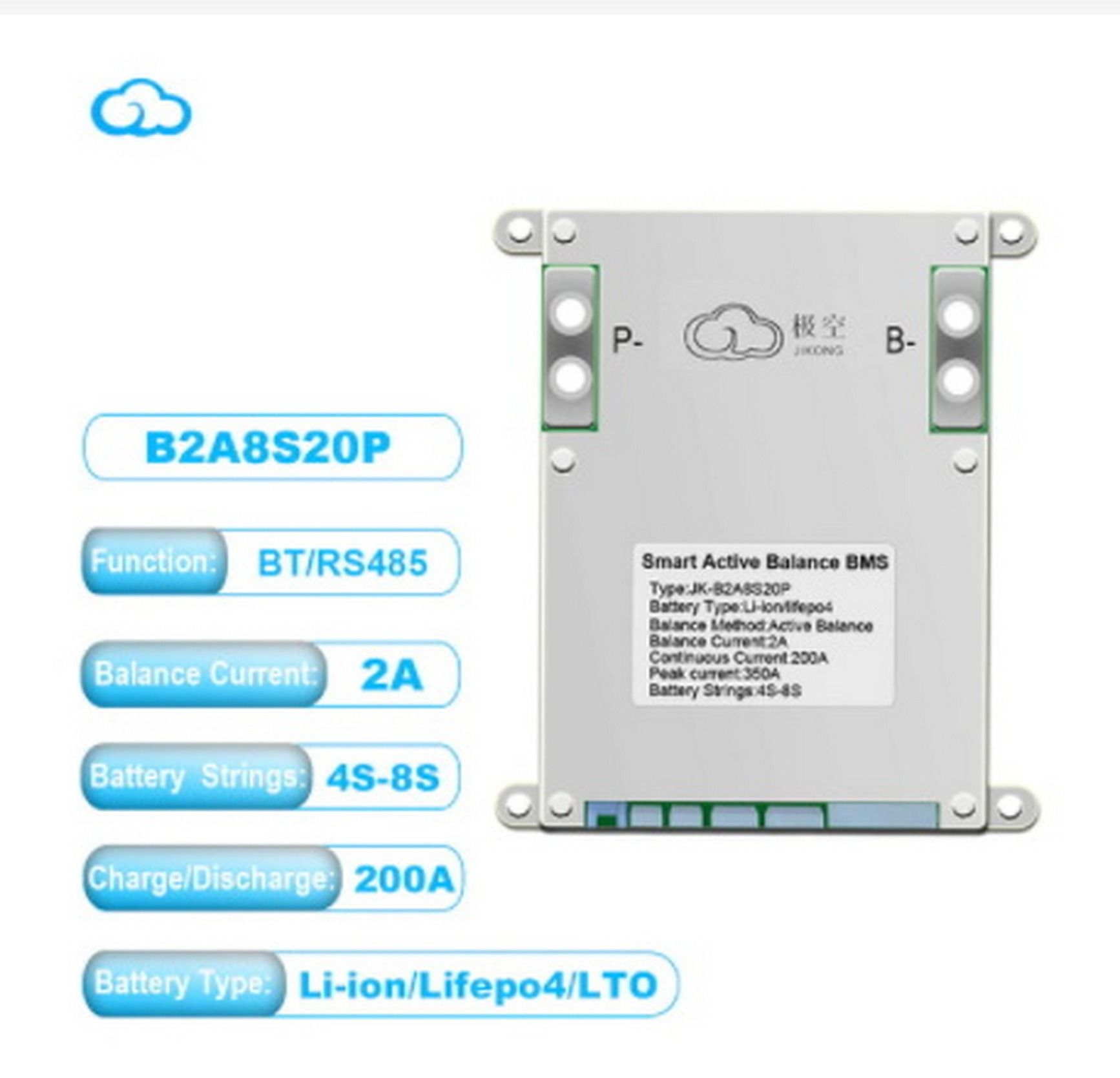 JiKong BMS Lifepo4 Li-ion JK-B2A8S20P 3s-8s 200А 2A