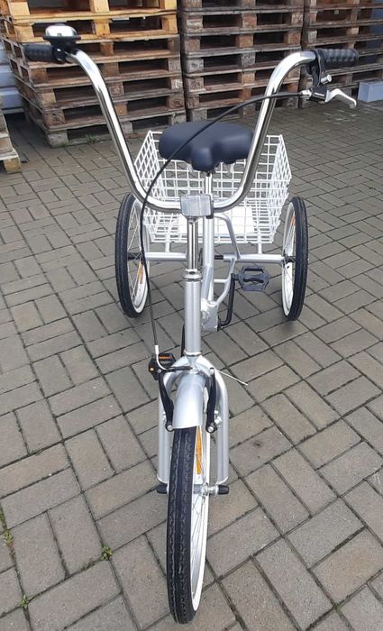 Rower rowerek trzy kołowy rehabilitacyjny srebrny składany duży