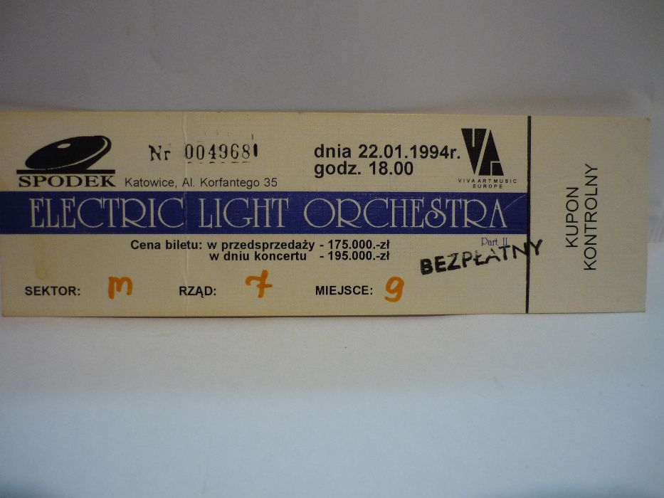 Electric Light Orchestra , bilet wstępu 22.01.1994.Katowice.