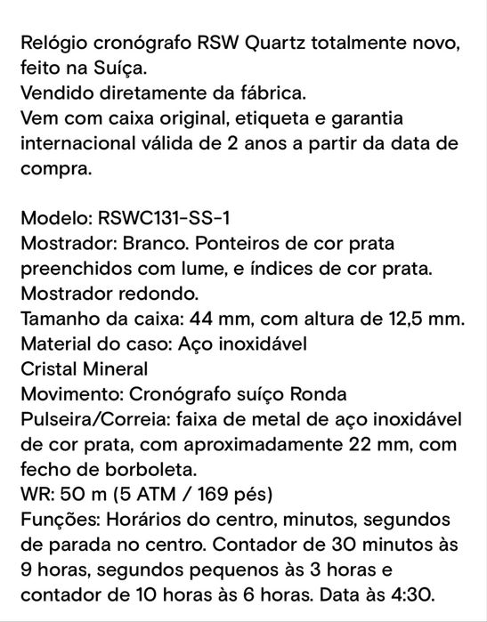 Relógio Suiço de marca reconhecida novo com garantia.