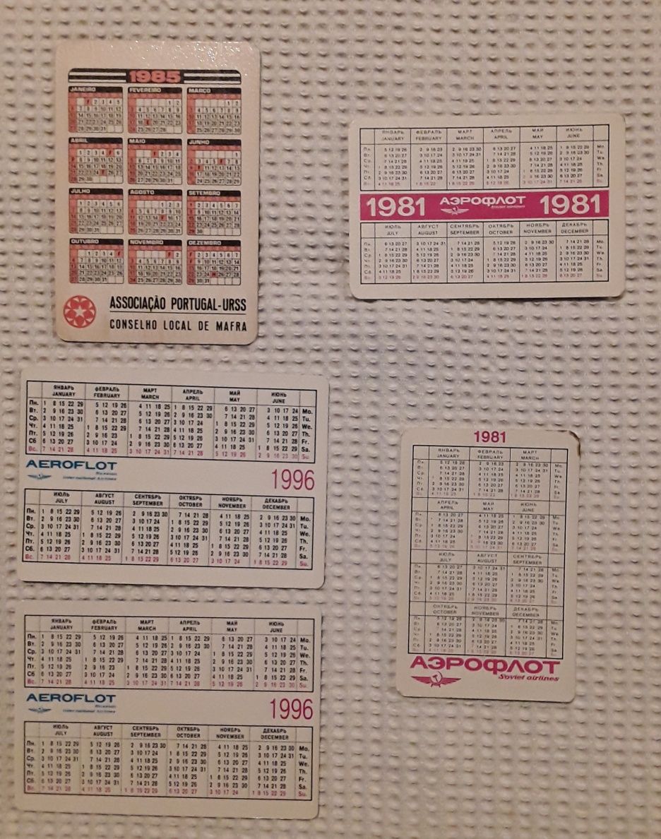 Calendários de bolso Aeroflot (1981,1985,1996)