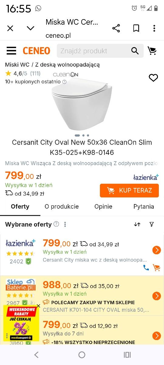 Miska wisząca znanej firmy Cersanit model City z deską twardą duroplas