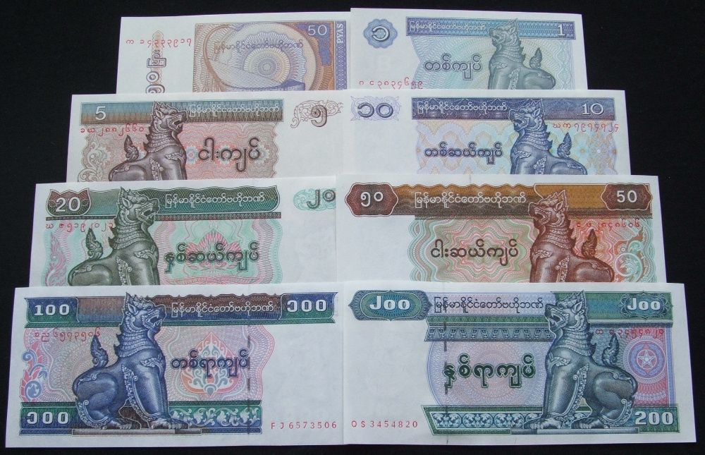 AZJA MYANMAR (3) - 8 szt. Zestaw Banknotów Kolekcjonerskich UNC