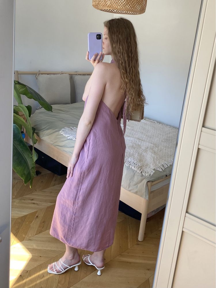 HIT viralowa lniana 100% liliowa sukienka ZARA 36 S dekolt halter