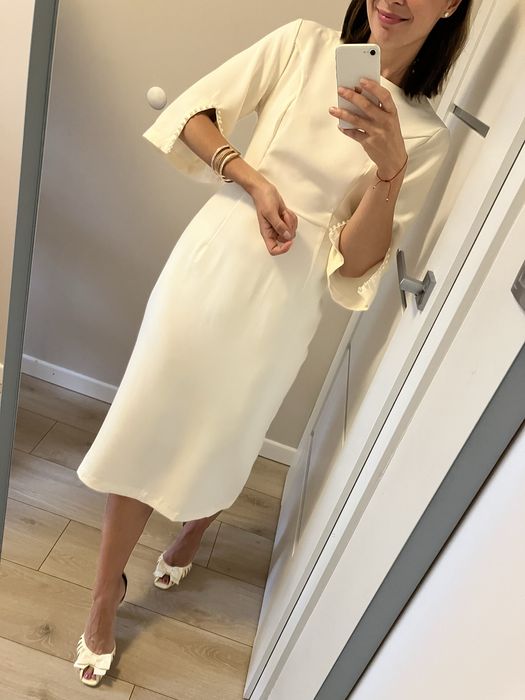 Piękna Biała Sukienka Midi Kobieca Elegancka Ślub Wesele Chrzest