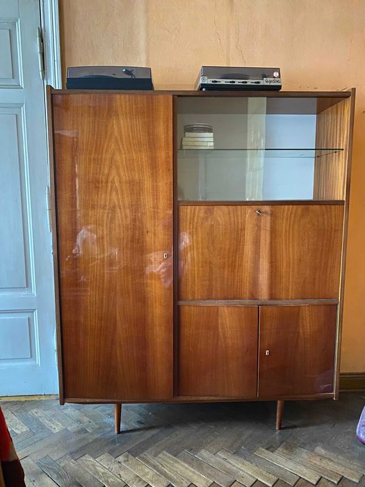 Komoda, regał z barkiem i szafą na ubrania PRL  na okrągłych nóżkach