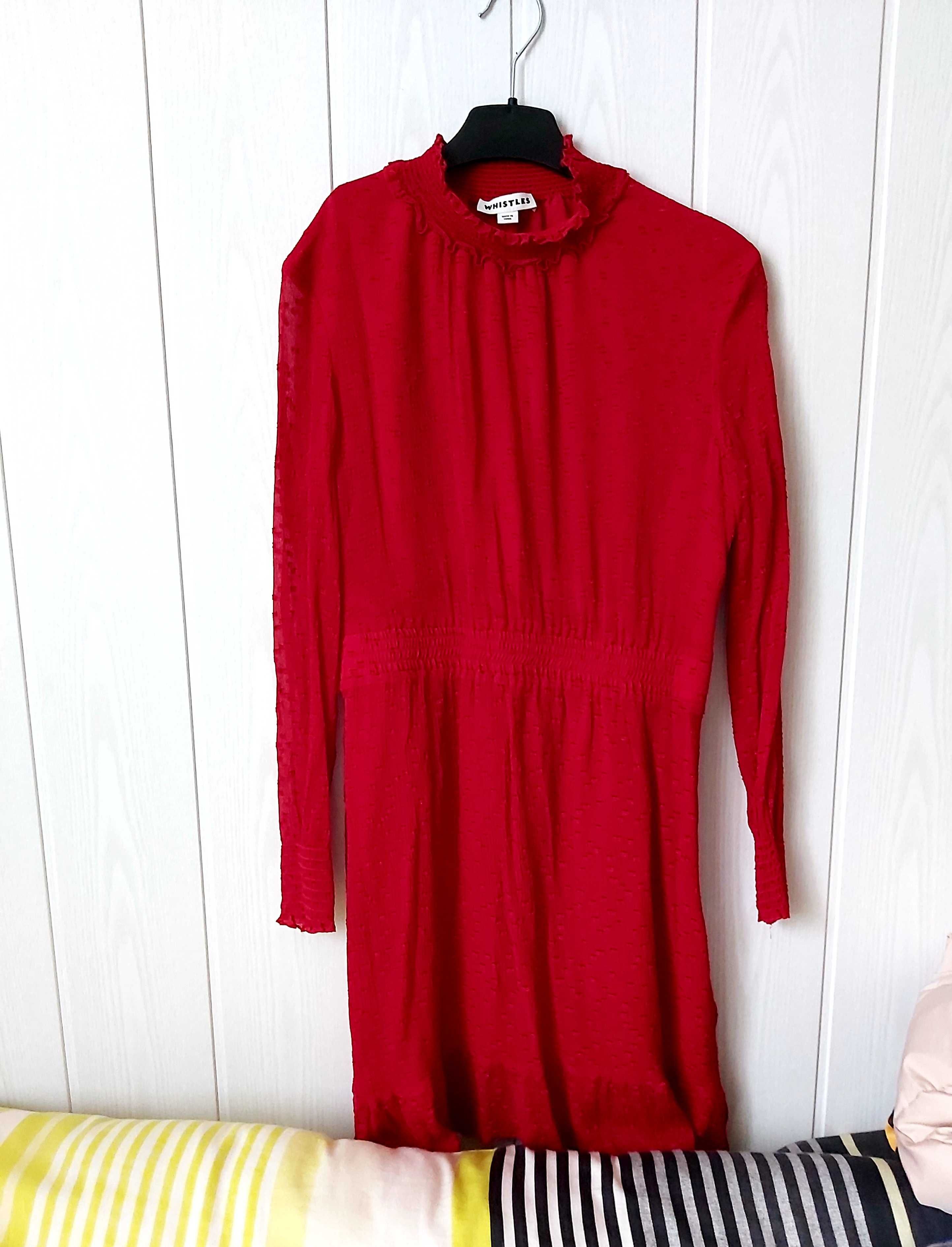 Sukienka czerwona z golfem stójką falbanki długi rękaw roz S/M